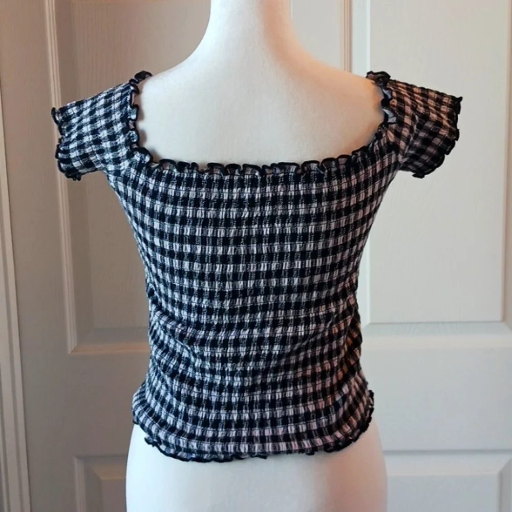 Hollister Gingham Crop Top Blouse Smocked Black & White Short Sleeve Jrs L - Picture 5 of 9